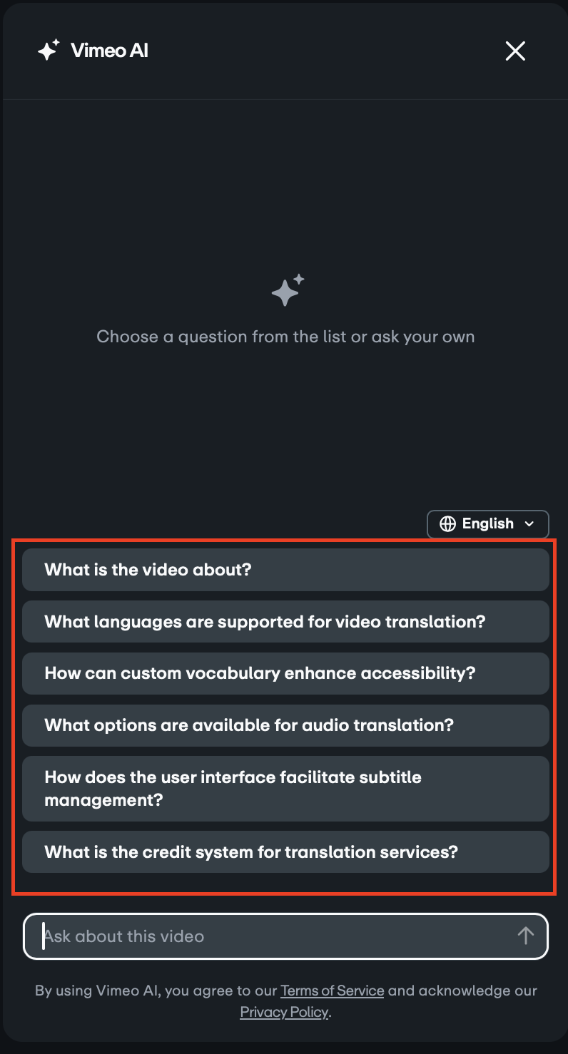 The Ask AI interface prompts users to 'Choose a question from the list or ask your own.' Below this, a set of six predefined question buttons are outlined in red, including 'What is the video about?' and 'What languages are supported for video translation?'. An 'English' language selector is visible near the top of the question list, and an 'Ask about this video' input field is at the bottom.