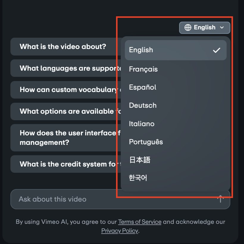The Ask Vimeo AI interface shows a language selection dropdown menu in the top-right corner. The 'English' language dropdown, which is open and outlined in red, displays a list of available languages including English, Français, Español, Deutsch, Italiano, Português, 日本語, and 한국어.