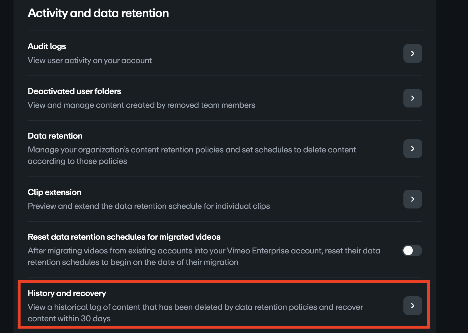 Manage team settings page with History and recovery highlighted