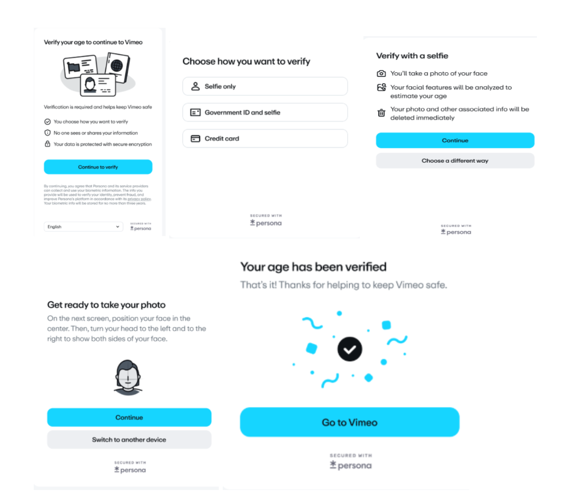 Sequence of five screens illustrating the Vimeo age verification flow: the initial verification prompt, method selection (Selfie, ID, or Credit Card), detailed selfie instructions, camera preparation, and the final "Your age has been verified" success screen.