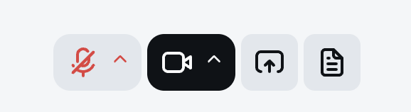 Die Symbolleiste der Steuerelemente mit vier Symbolen: ein stummgeschaltetes Mikrofon, eine aktive Kamera, ein Button für die Bildschirmfreigabe und ein Dokument-Button. Der Kamera-Button ist derzeit ausgewählt.