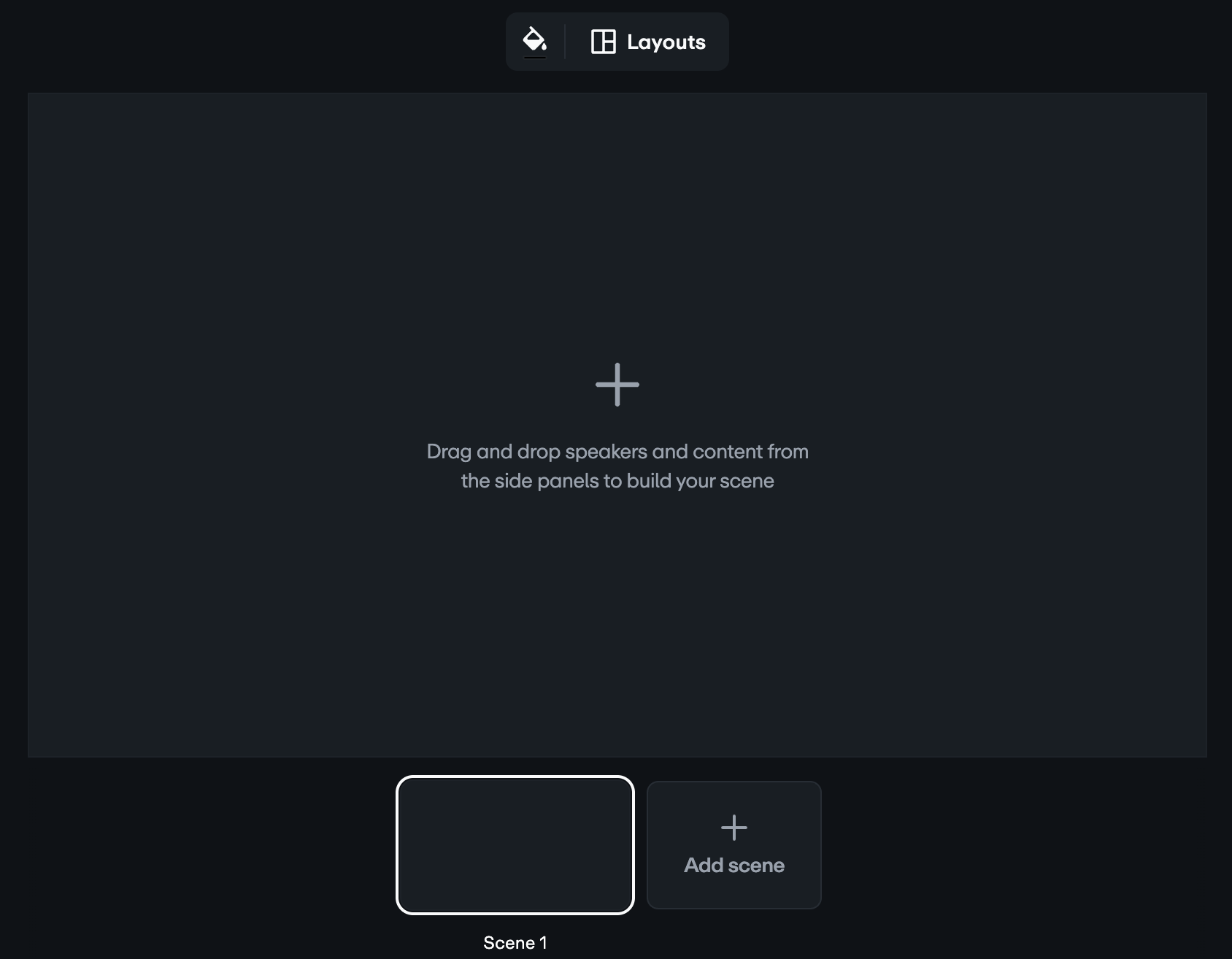 El escenario del estudio de producción web en vivo. La barra de herramientas para cambiar el color de fondo y el diseño se encuentra en la parte superior. Debajo, hay un lienzo vacío. Debajo, está el selector de escenas que muestra una sola escena más la opción de agregar una nueva escena.