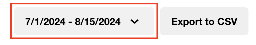 The calendar dropdown menu shows a date range by month/date/year. It has a downfacing arrow to the right of the date. It is to the left of the Export to CSV button