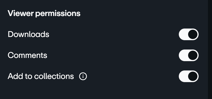 Viewer permissions section with each option listed. Downloads, comments, and add to collections.