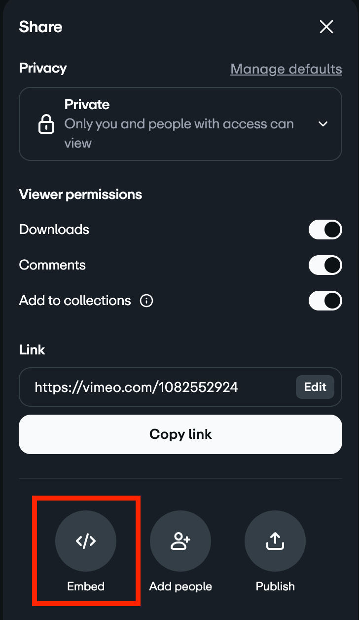 Share modal with Embed button highlighted