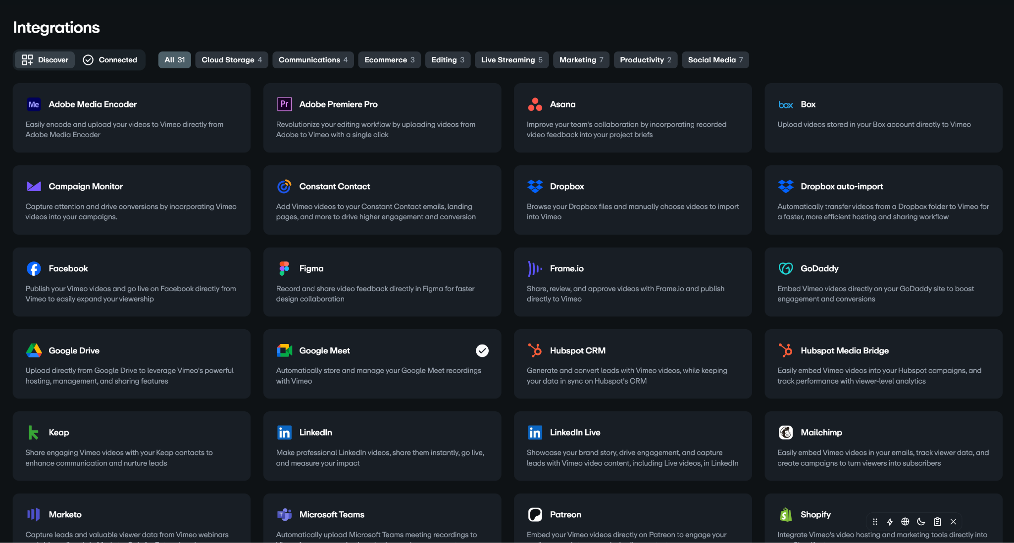 
A grid view of the Vimeo Integrations page. It displays various apps and services that can connect to Vimeo, categorized by tabs like Cloud Storage, Communications, Ecommerce, Editing, Live Streaming, Marketing, Productivity, and Social Media. The connected apps shown include Adobe Media Encoder, Adobe Premiere Pro, Asana, Box, Facebook, Figma, Dropbox, Google Drive, HubSpot, and many others. Each integration has a brief description of its function.