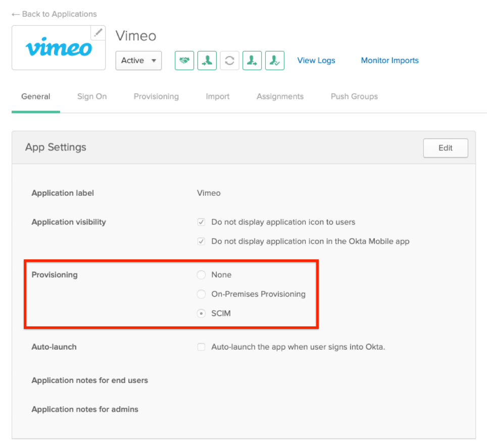 Okta general settings highlighing the Provisioning settings with the radio button labeled SCIM selected.