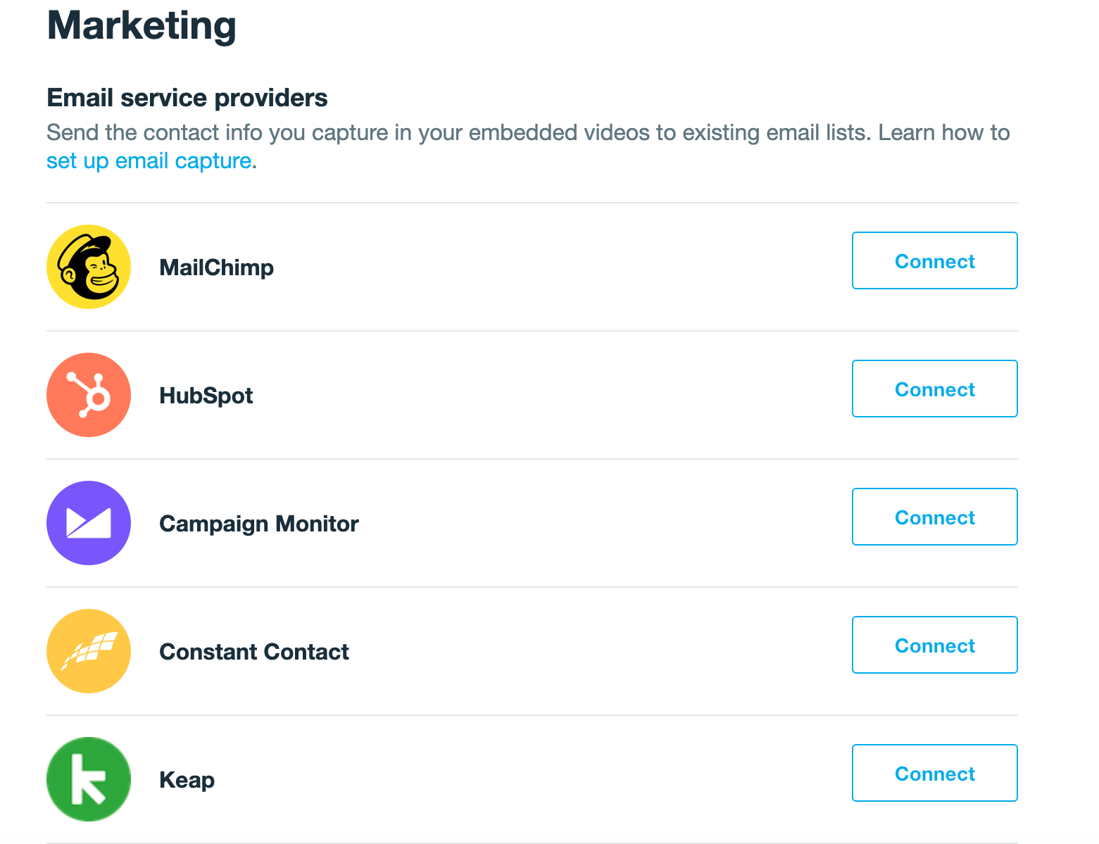 Une capture d'écran montrant divers fournisseurs de services de messagerie connectés. Cela inclut MailChimp, HubSpot, Campaign Monitor, Constant Contact et Keap. À côté de chaque icône et étiquette de chaque fournisseur, il y a un bouton «&nbsp;Connecter&nbsp;». Cela connectera votre compte Vimeo à votre ESP.