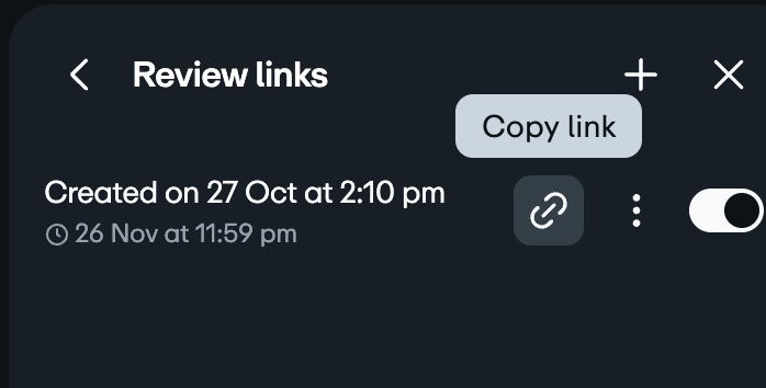 The review link window with a created review link and a copy link icon beside it.