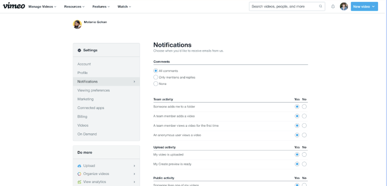 Account Notifications settings page showing the Comments section with "All comments" selected as the default preference