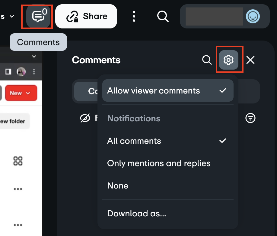 The Comments icon highlighted in the top navigation bar, and the Settings gear icon highlighted within the open comments panel.