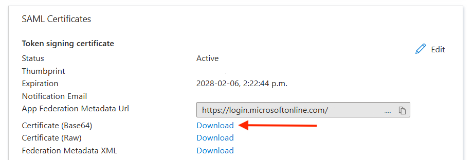 SAML certificates section with arrow pointing to download link for the certificate