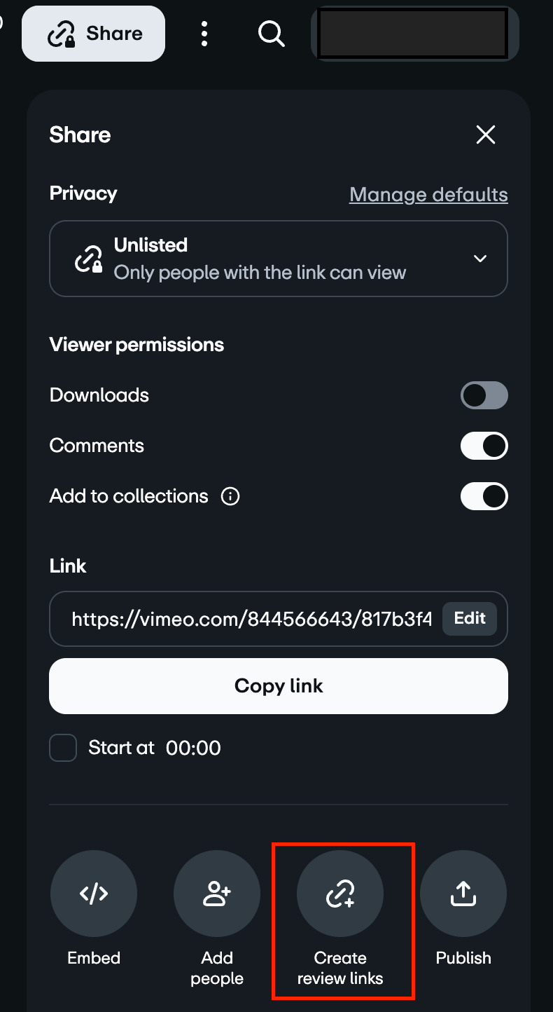 Ein Screenshot des Vimeo-Freigabemenüs, der die Datenschutzeinstellungen, die Berechtigungen für die Zuschauende, den Videolink und die Schaltfläche „Rezensionslinks erstellen“ zeigt, die mit einem roten Rahmen hervorgehoben ist.