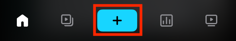 La barra de navegación de la aplicación de Vimeo móvil con el botón central Subir resaltado con un cuadro rojo. El botón es un signo más negro sobre un fondo azul.