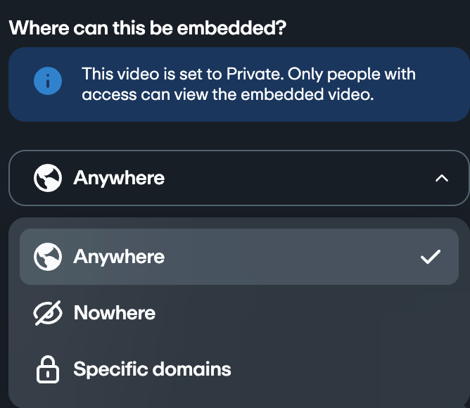 Embed privacy settings drop down titled 'where can this be embedded?'