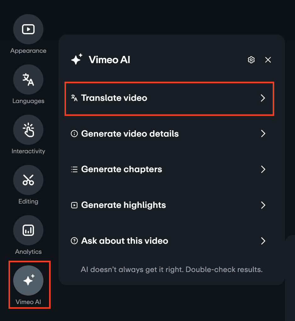 La página de configuración de un video. A la izquierda, un menú de navegación lateral incluye iconos para Apariencia, Idiomas, Interactividad, Edición, Análisis y Vimeo AI, con la opción "Vimeo AI" resaltada. A la derecha, el panel principal de Vimeo AI enumera opciones como Traducir video, Generar detalles del video, Generar capítulos, Generar momentos destacados y Preguntar sobre este video. La opción Traducir video también está resaltada.
