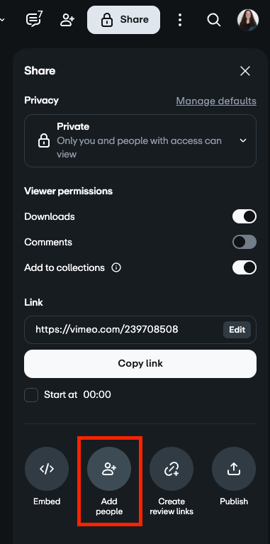 The right side panel on the video settings pages is open with various share options. At the bottom, second from the left, is the Add people option which is highlighted here.