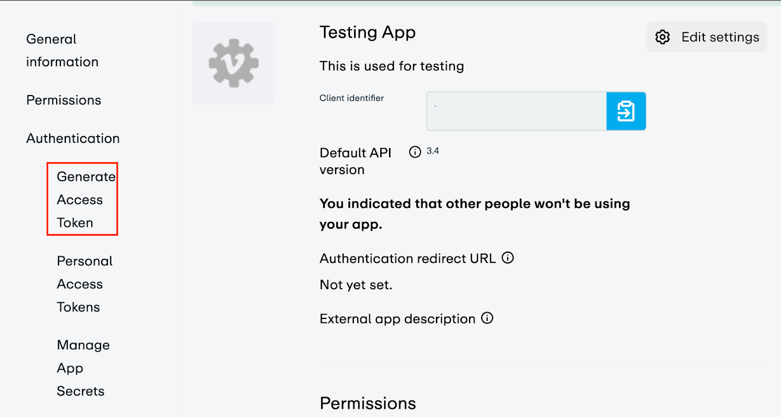 The 'Generate Access Token' option highlighted in the 'Authentication' section on the left-side toolbar of the App's settings page.