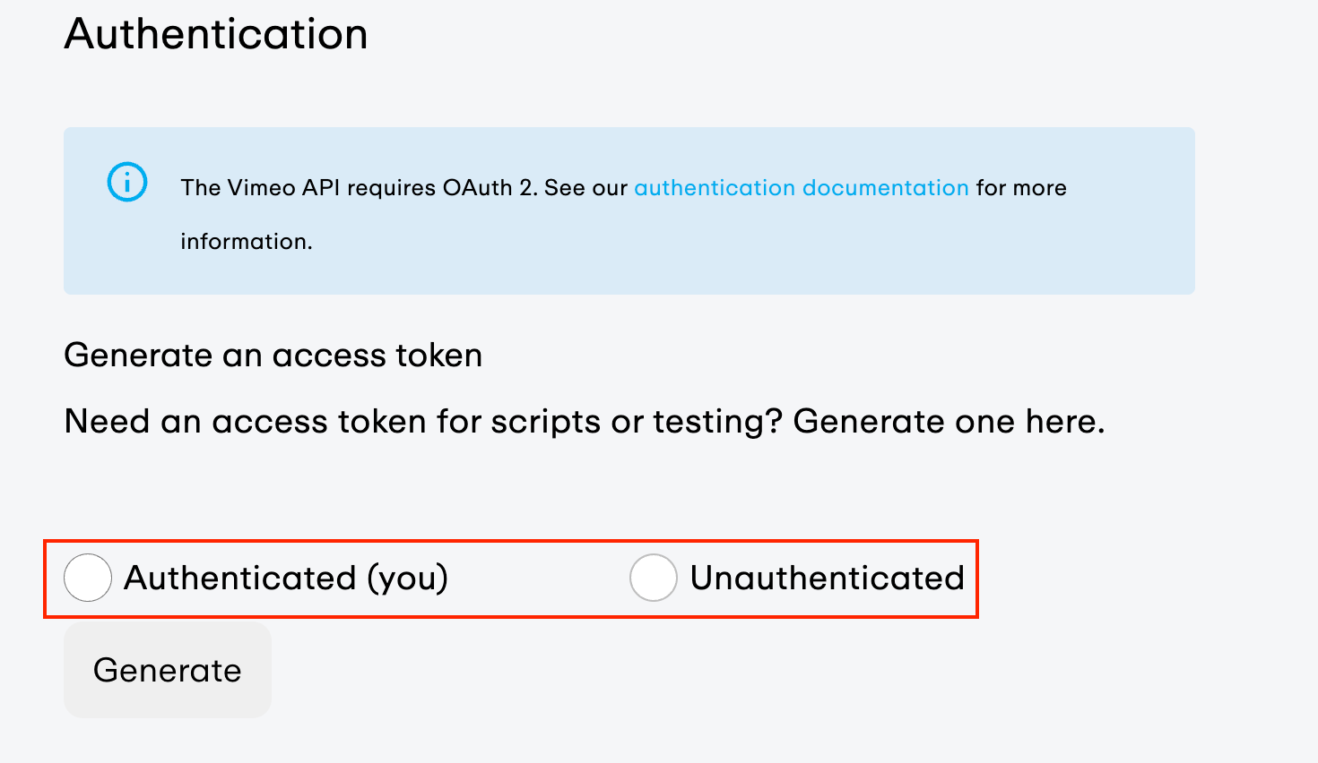 The 'Authenticated (you)' and 'Unauthenticated' radio button options, highlighted as a choice for generating an access token.