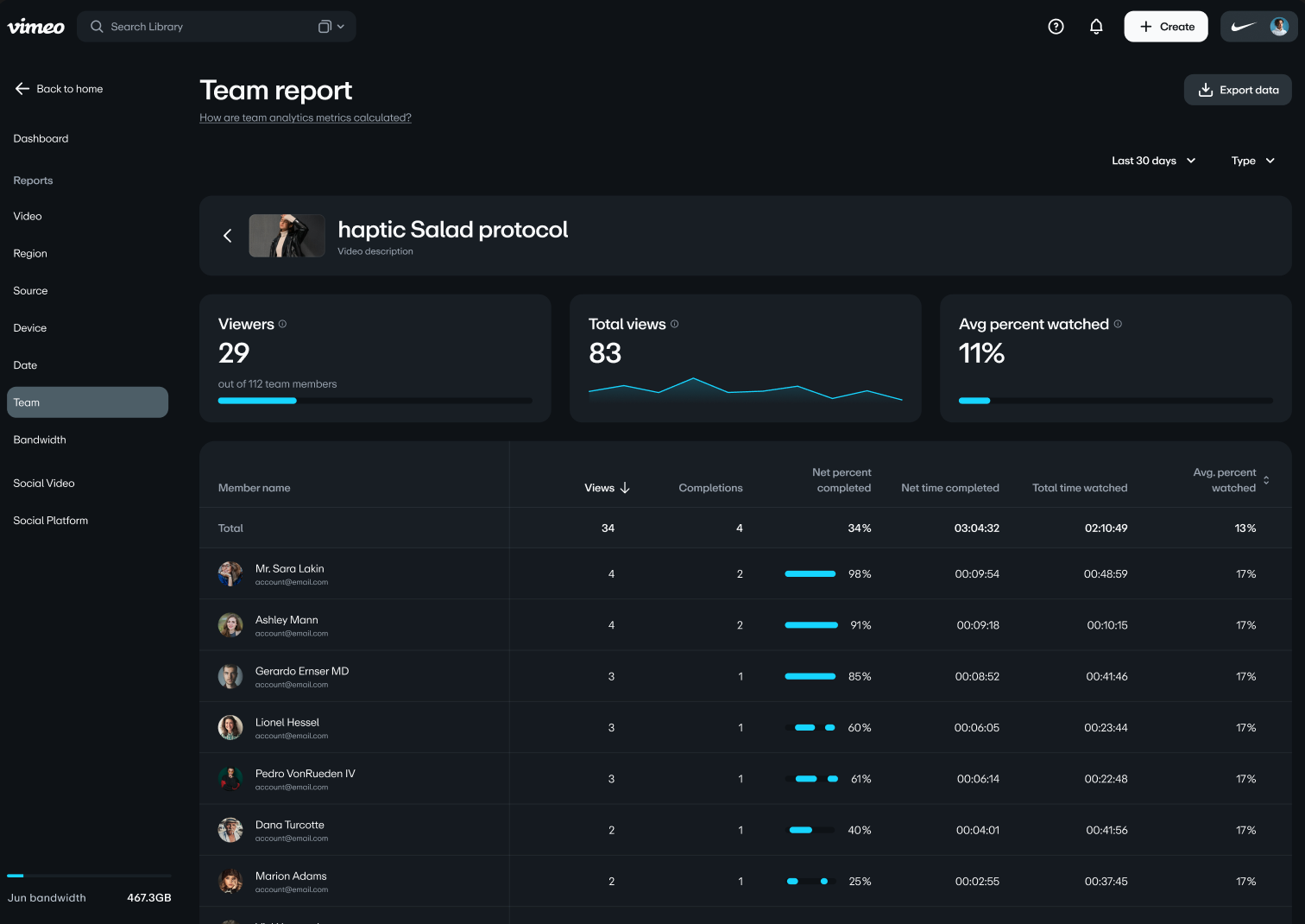 The detailed Team report, showing analytics for a single video.