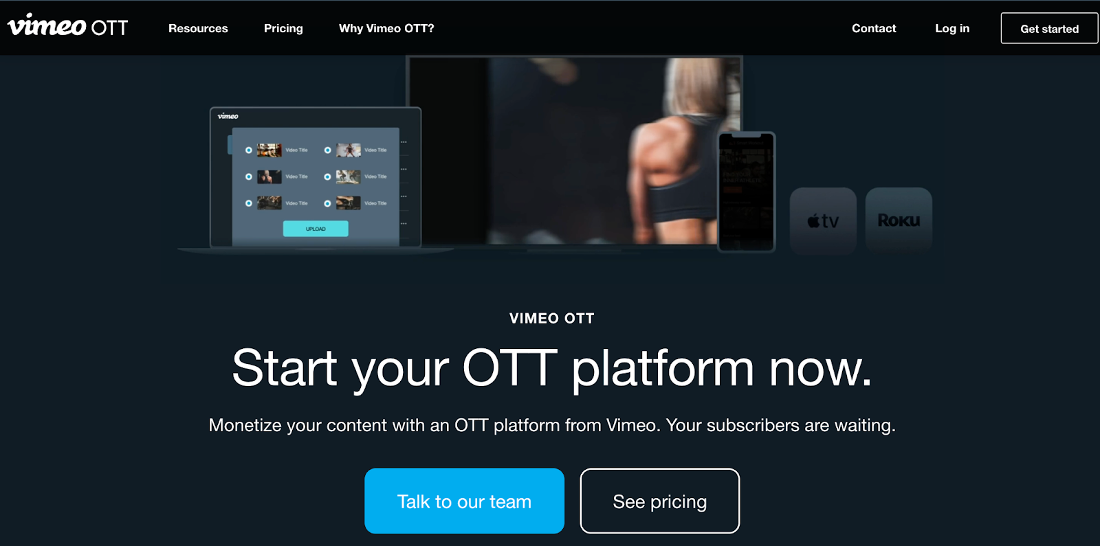 Vimeo OTT landing page promoting "Start your OTT platform now," showing devices with video content.