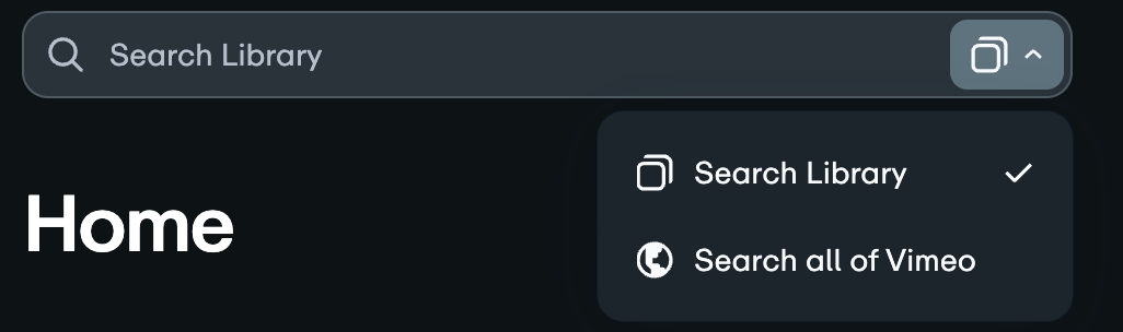 Vimeo search bar with the dropdown menu open, showing options to 'Search Library' and 'Search all of Vimeo'.