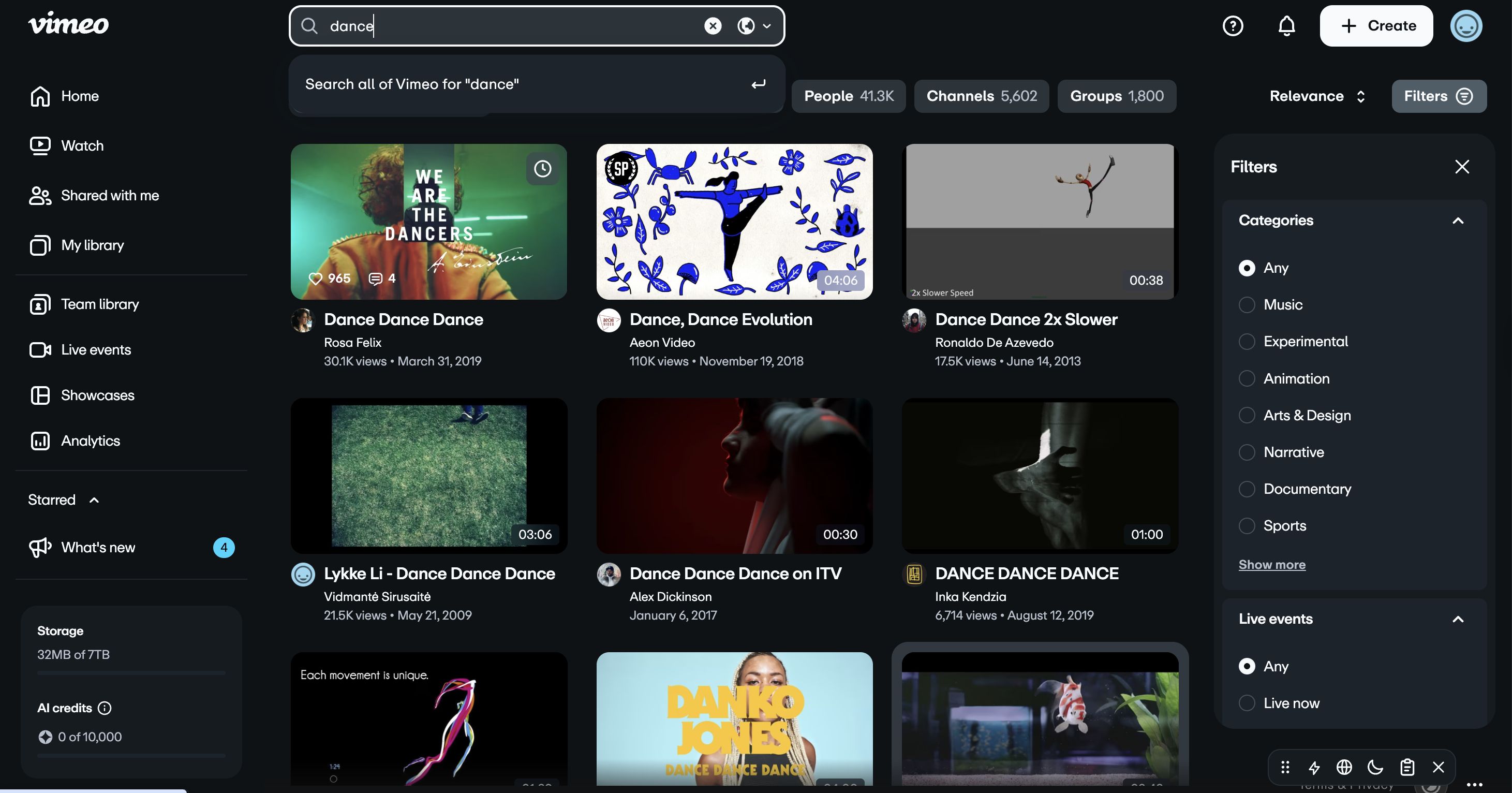 Vimeo search results page displaying video thumbnails and the filters sidebar on the right.