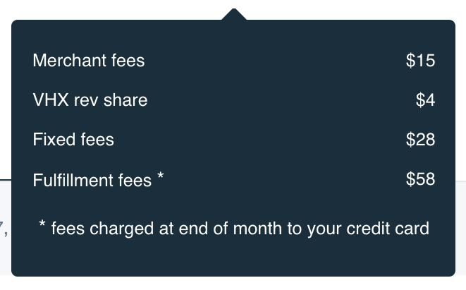 image showing the different fees structure : Merchant fees, VHX rev share, fixed fees and fulfillment fees and listing out the charges.