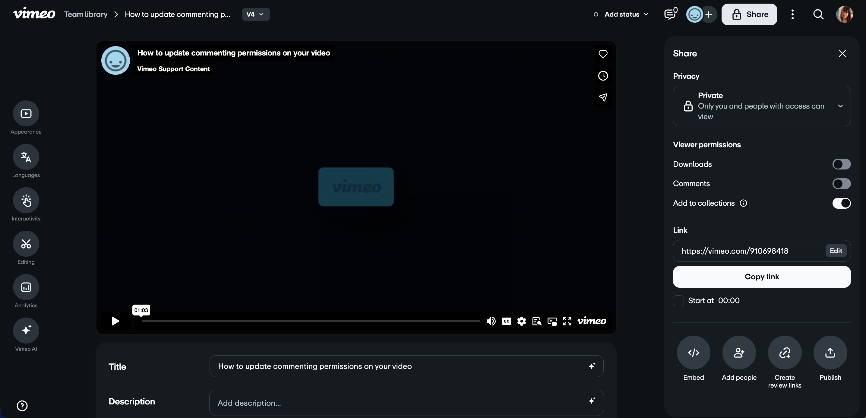 Overview of the video settings page