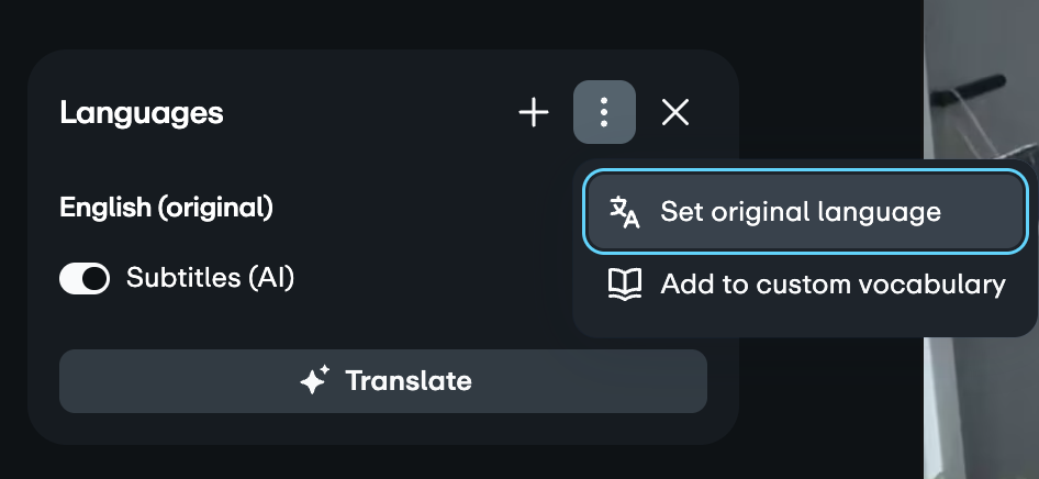 Languages tab in the video settings page, overflow menu open and 'set original language' highlighted