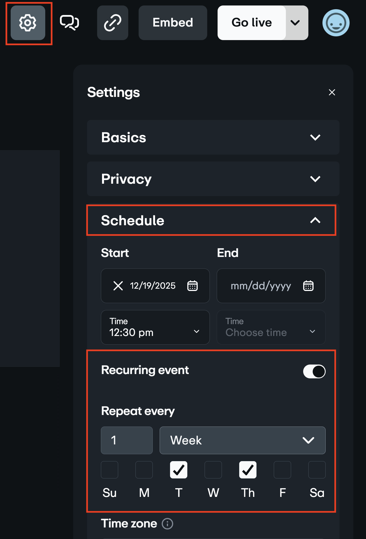 The web-based production studio settings showing the 'Schedule' pane with the 'Recurring event' toggle activated and a weekly frequency selected