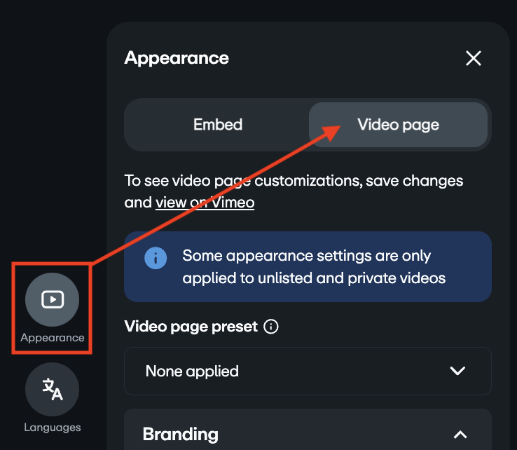 Painel Aparência na página de configurações do vídeo com uma seta apontando para a aba página do vídeo